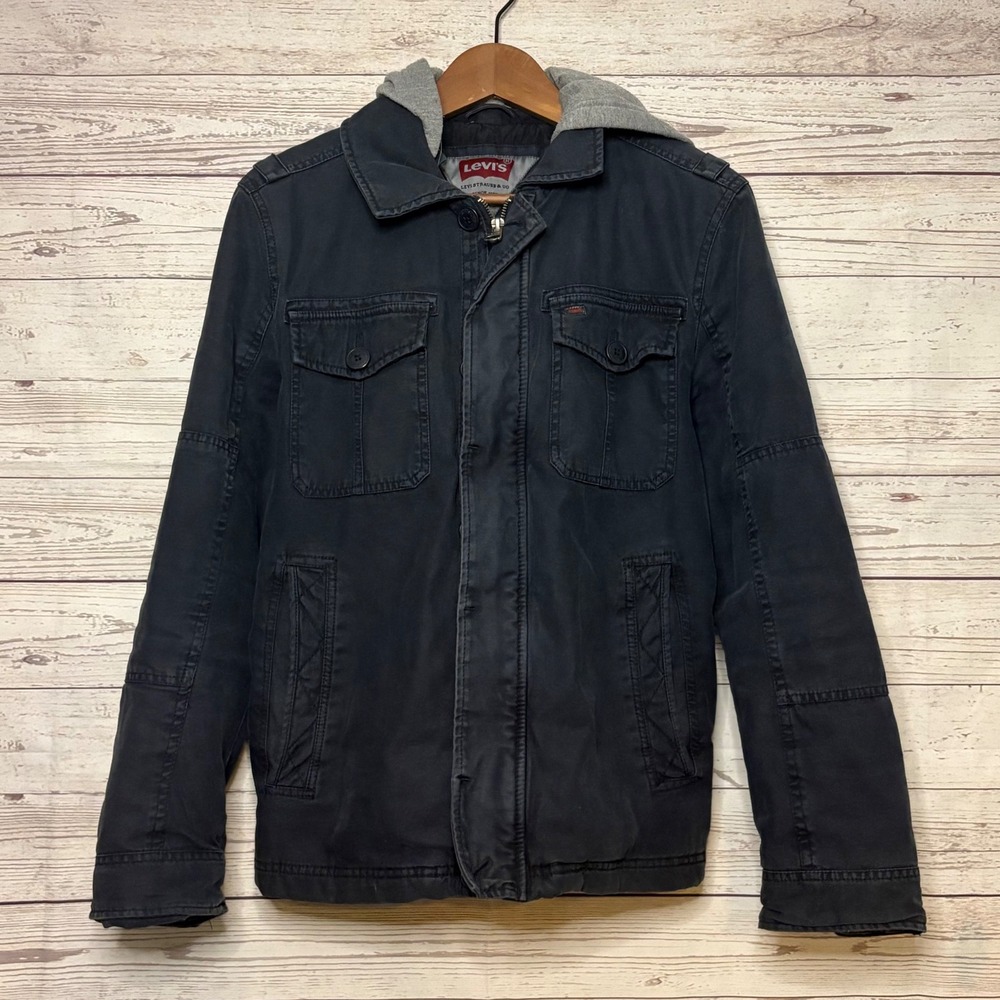 Levis‎ Mens Utility Field Jacket Black Hooded Military Canvas Coat Small